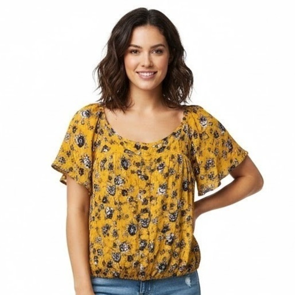 Arizona Jean Co Floral Blouse Women Medium Yellow Button Front Flutter Sleeve